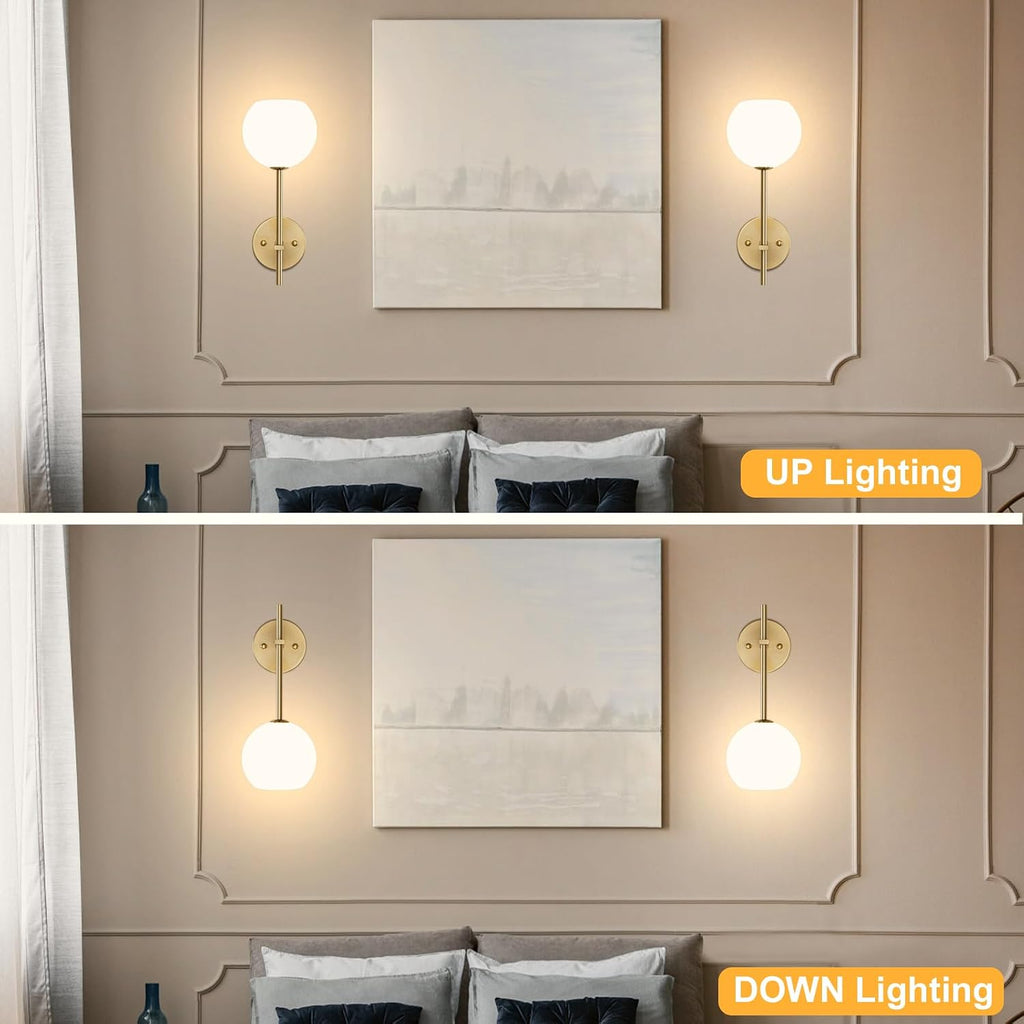 Gold Battery Operated Wall Sconces Set of 2, Rechargeable Wireless Wall Lights with Milky White Frosted Glass Shade