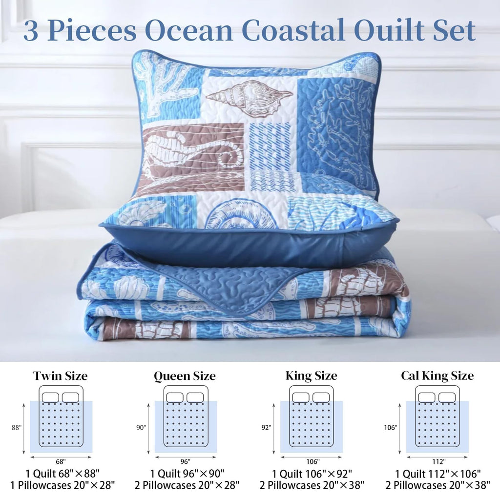 Coastal Quilt Set, Beach Coverlet Blue Starfish Coral Seashell Bedspread, Ocean Beach Themed Bed Cover