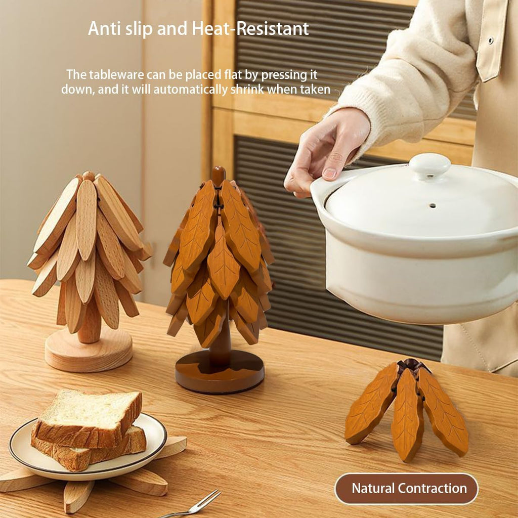 Creative Tree-Shaped Wooden Trivet - Foldable Dining Table Decor & Multi-Functional Heat Pad for Pots, Pans & Cups - Set of 4