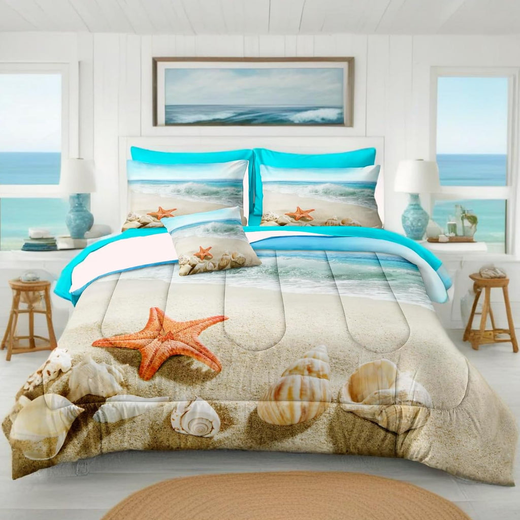 Beach Themed Comforter Set - Sheets, Starfish Sea Life Printed - Women's Adult Coastal Bedding - Aqua