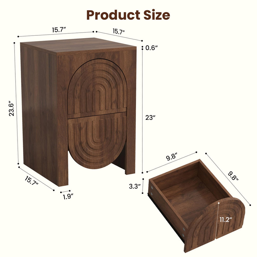 Fluted Nightstands Set of 2 Mid Century Modern End Table with 2 Drawers 15.7" Wide Walnut Bedside Table Wooden Side