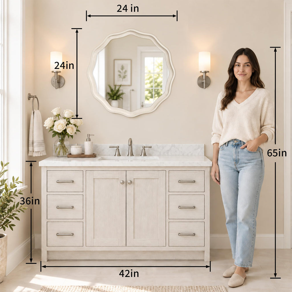24 Inch Washed White Scalloped Round Bathroom Mirror, Wood Frame