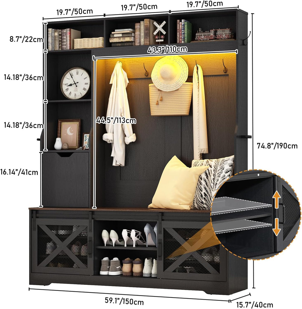 75''H 59''W Large LED Farmhouse Hall Tree with Bench and Shoe Storage,Entryway Bench with Coat Rack,16 Shoe Cubbies &