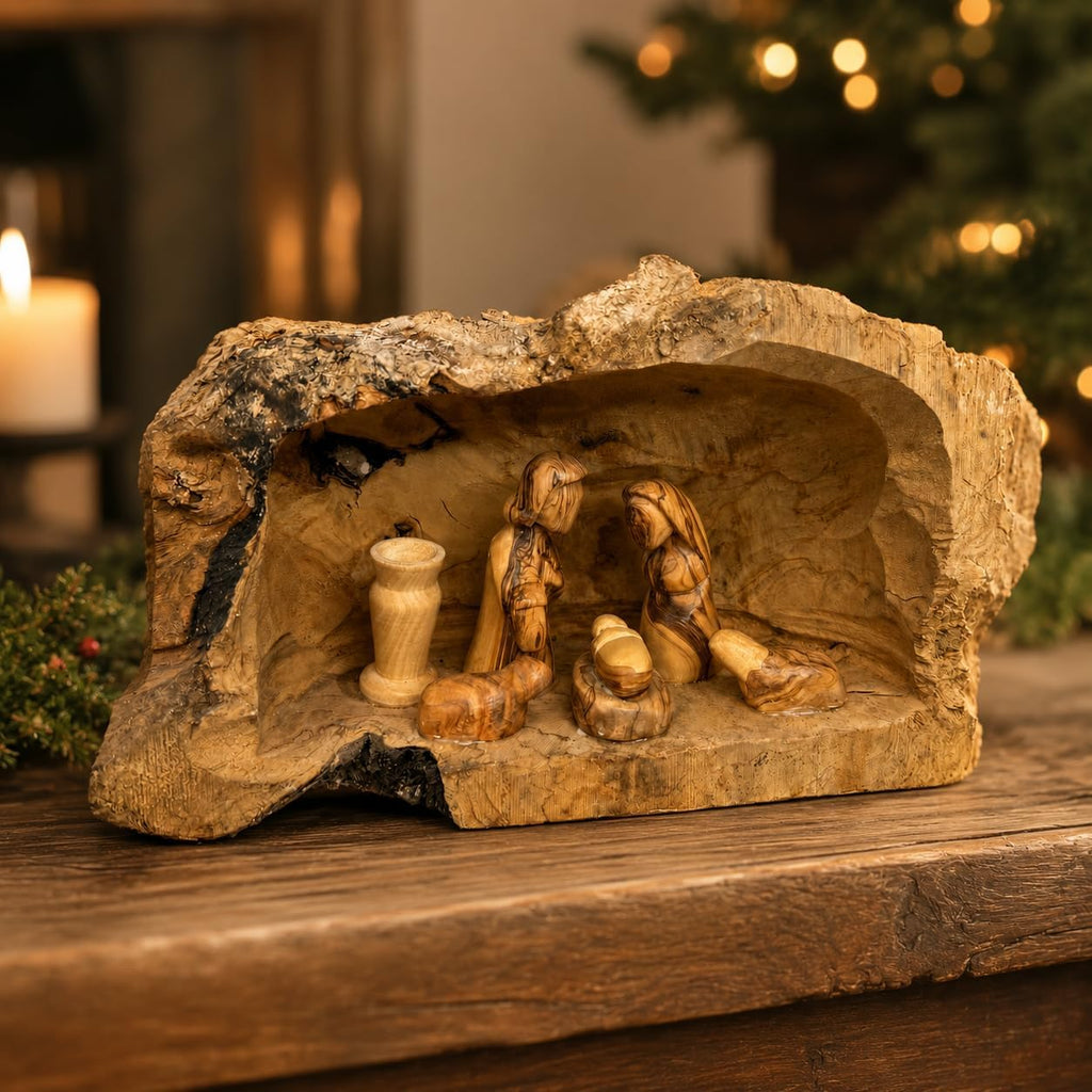 Olive Wood Rustic Nativity Set, Hand Carved Bark Log Cave with Holy Family from Bethlehem, 6.3 Inch Tall, Natural
