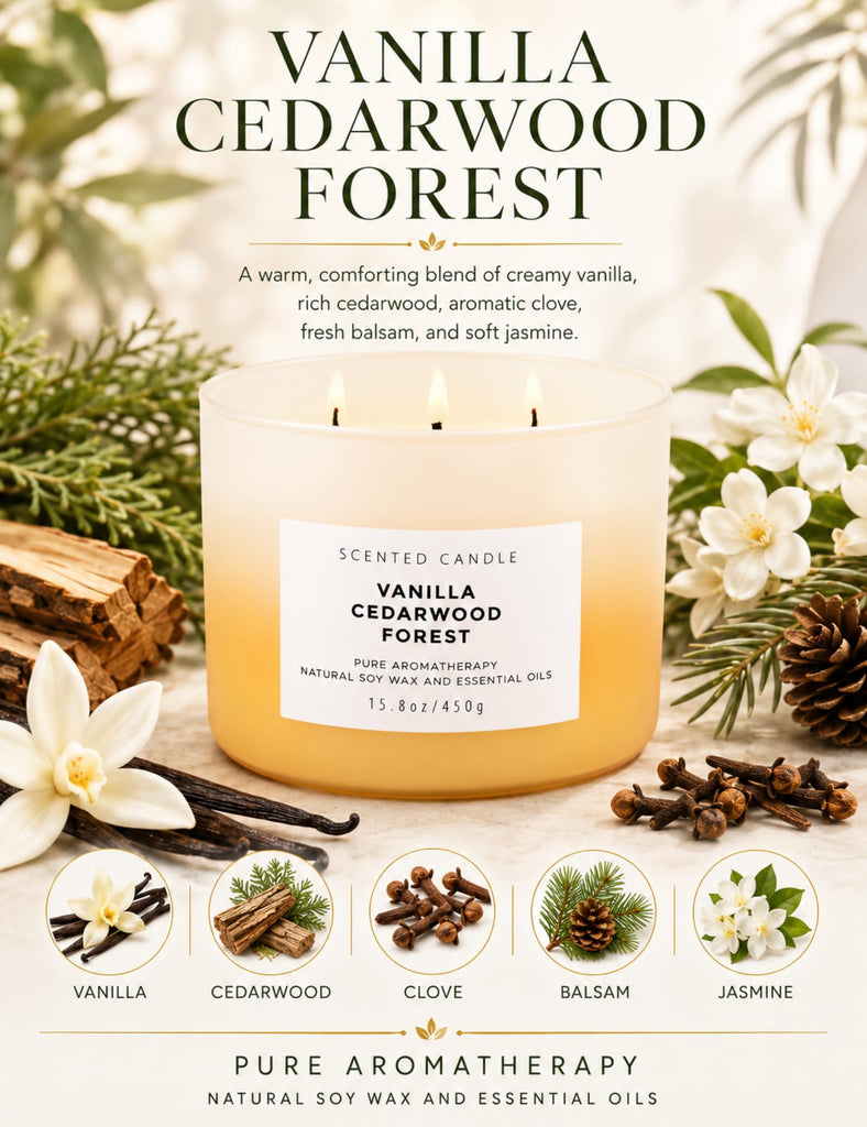 Vanilla Cedarwood Forest Scented Candle, Large 3 Wick Soy Candle, 15.8 Oz