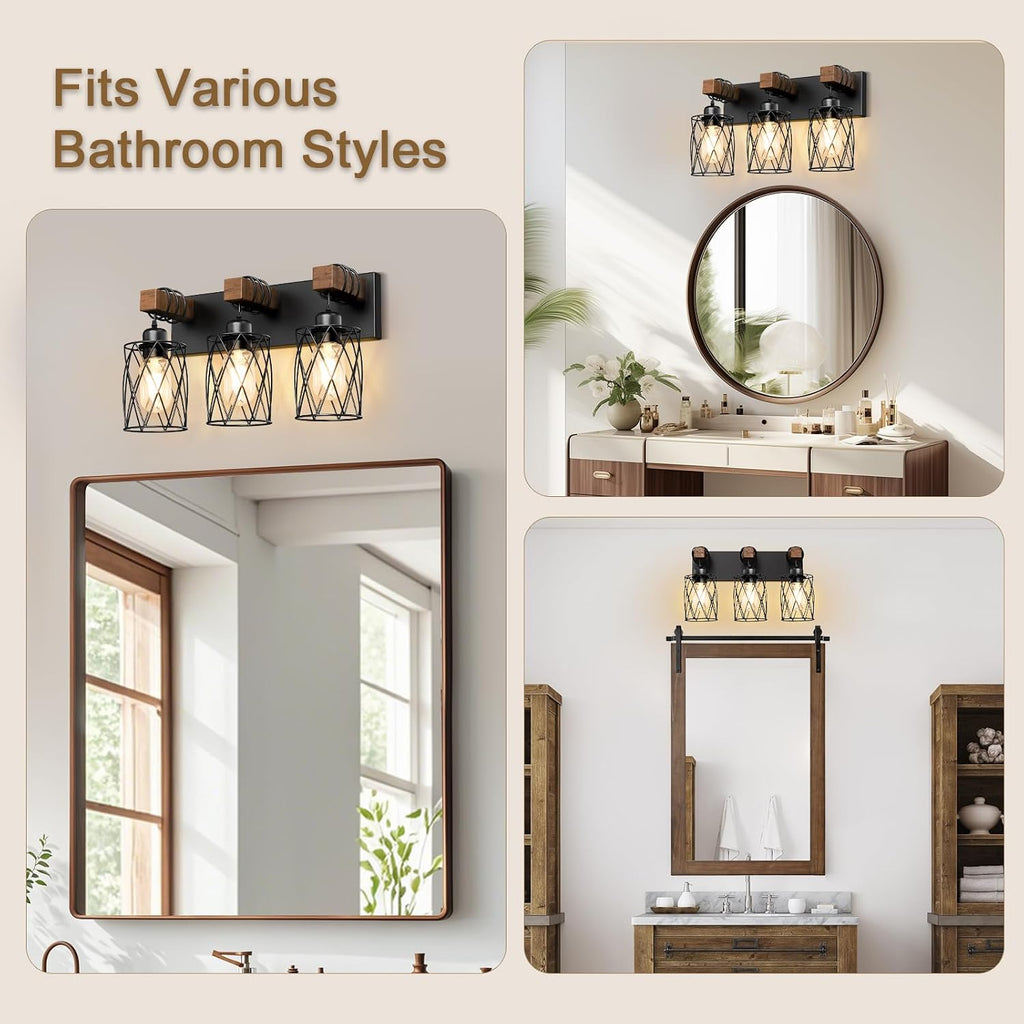 Farmhouse Bathroom Vanity Light, 3-Light Wood Bathroom Light Fixtures Over Mirror, Black Industrial Vanity Lights