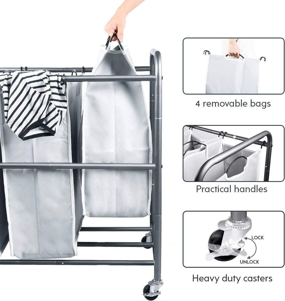 Laundry Hamper Sorter Cart, 4-Section Organizer with Lockable Wheels