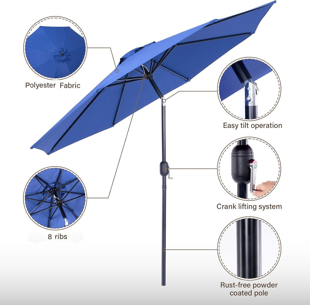 9 ft. Patio Umbrella, Market Table Umbrella w/Tilt and Crank, 8 Ribs - Navy Blue