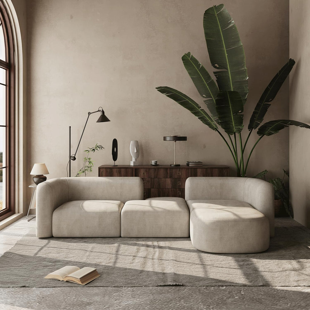 Luxury Modern Tight Curved Back Velvet Sofa, Minimalist Style Comfy Couch Apartment, 4 Seater Modular Sectional, Cream
