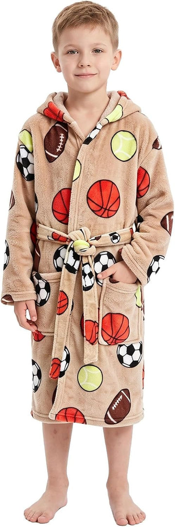 Boys Fleece Hooded Robe, Soft Print Bathrobe Kids 5-14(Ball Games5-6)