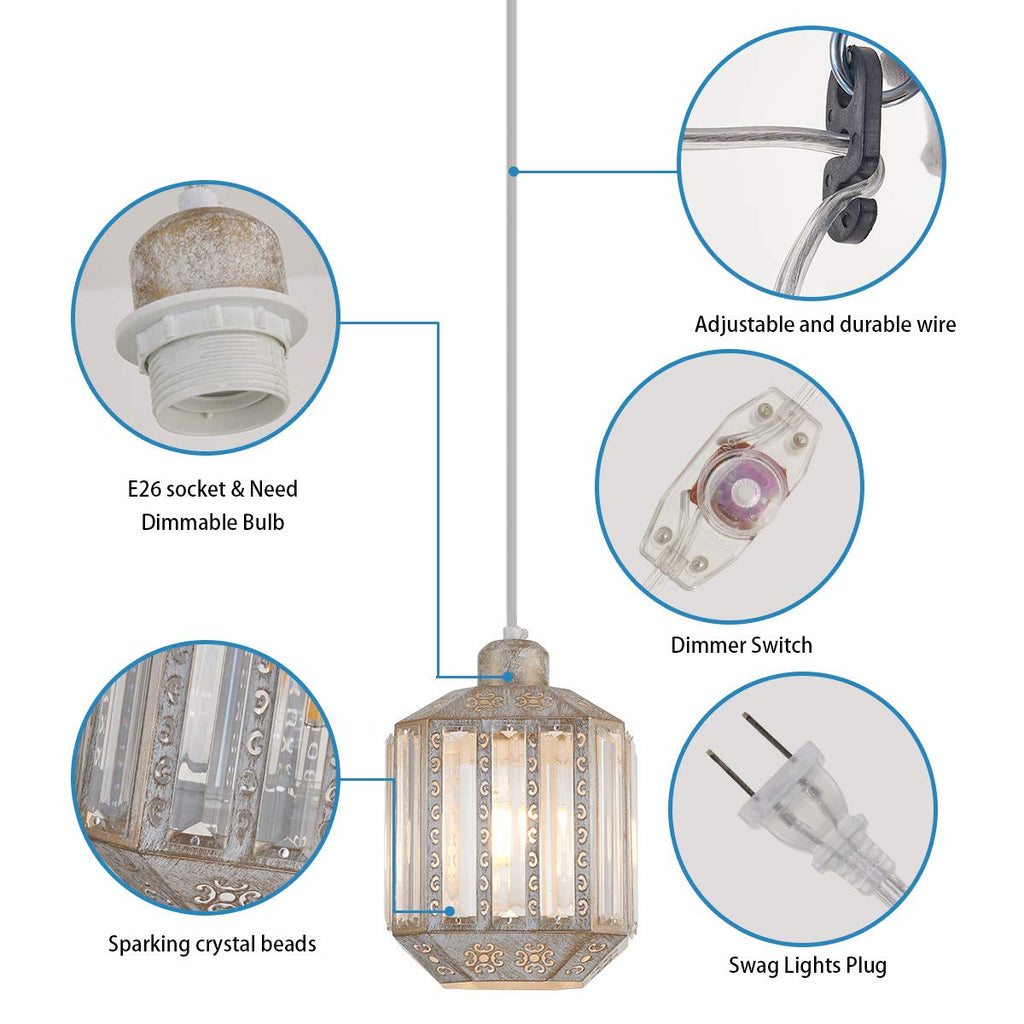 Boho Hanging Lamp Plug in, Rustic White Crystal Swag Lamp, Pendant Light Plug in 16.4 FT Cord Dimmable, Corner