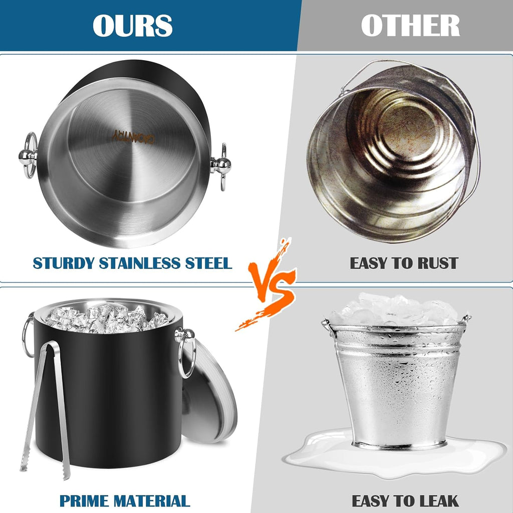Ice Bucket with Lid & Tong- Well Made Insulated Stainless Steel Keep Ice Frozen Longer