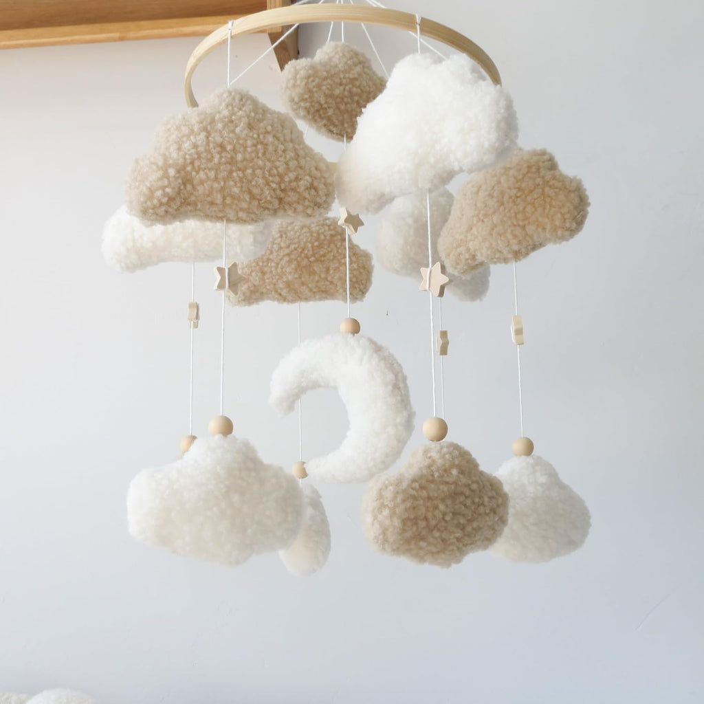 Neutral Boho Cloud Mobile for Crib with Moon Neutral Baby Crib Mobile Boho Crib Mobile Boucle Baby Mobile for Crib