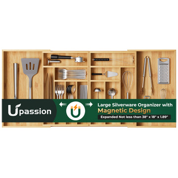 Large Silverware Organizer, 13 Slots Magnetic Connected Expandable Bamboo Utensil Drawer Organizer From 21 to 37.4