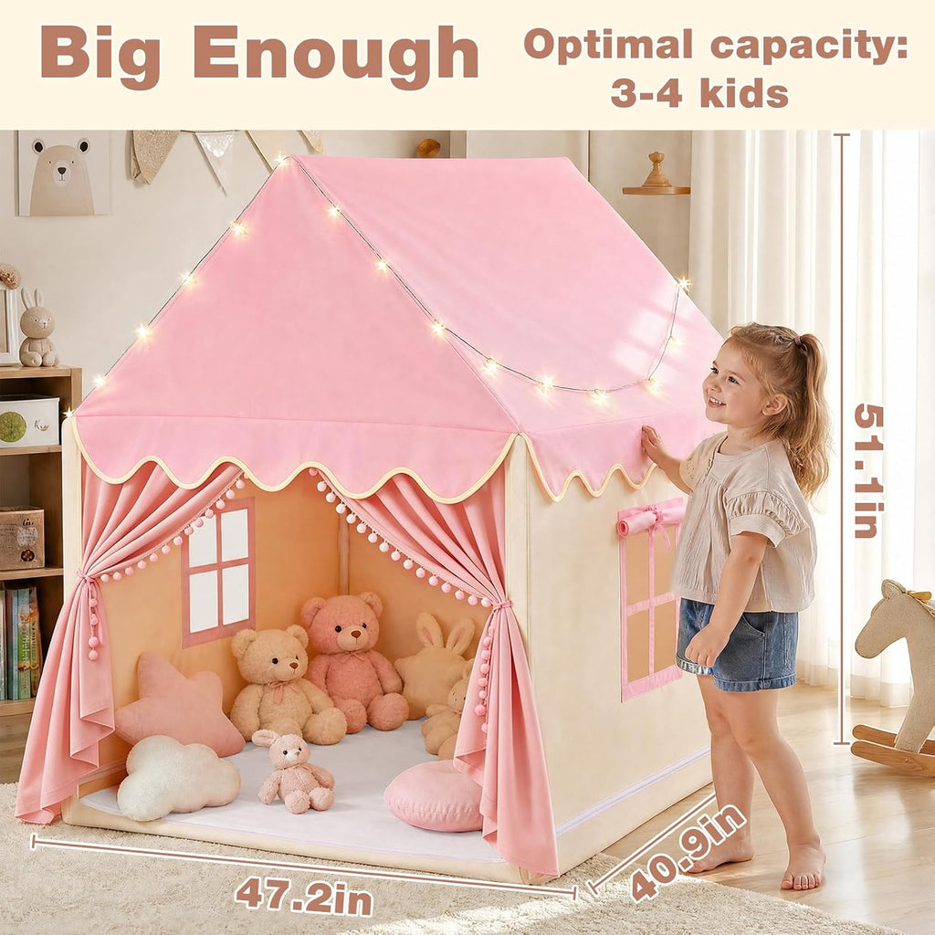 Large Kids Play Tent with Mat & Star Lights, Pink Princess Tent for Girl