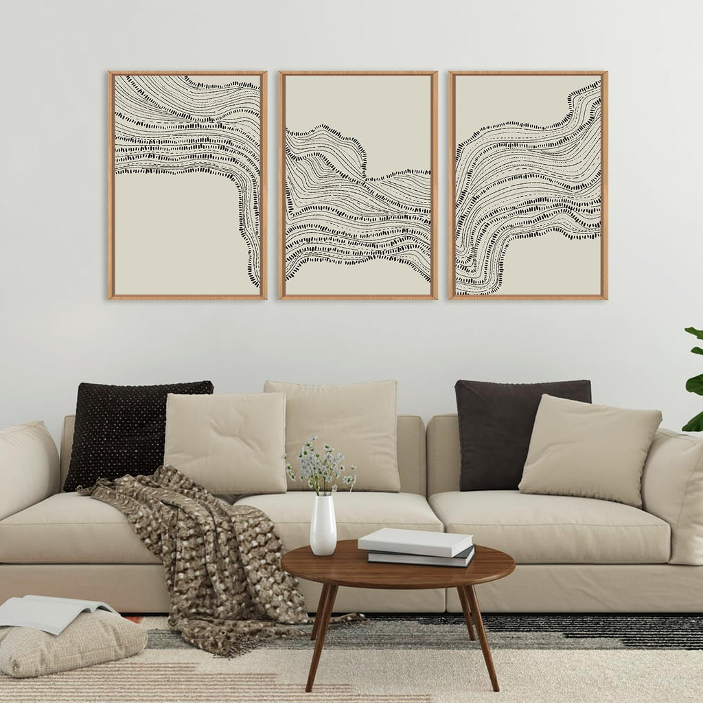 Neutral Abstract Framed Canvas Wall Art Set, Black Beige Wave Line Wall Decor, Large Minimalist Painting, Modern