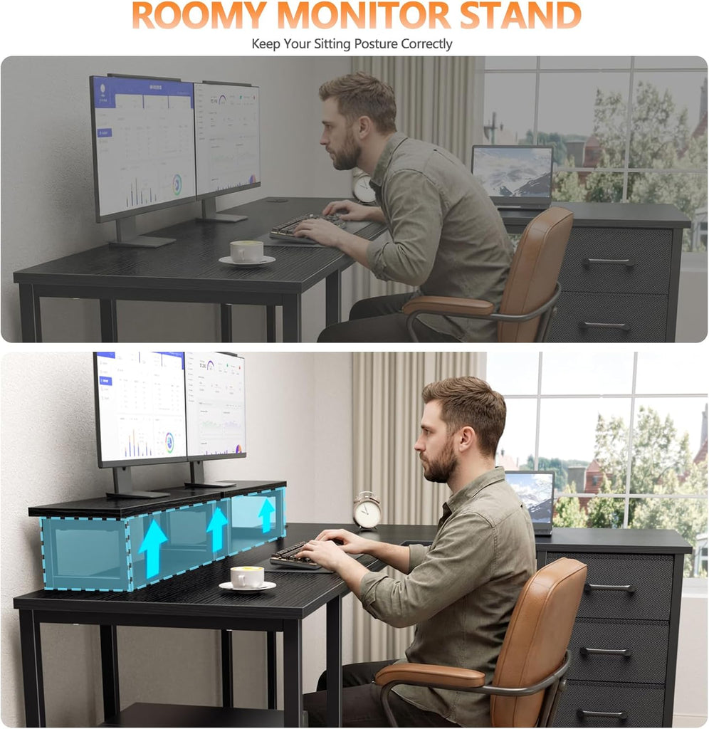 59 inch L Shaped Computer Desk with Power Outlets, Black | Ideal , Corner, 4 Adjustable Storage Drawers, 2 Monitor