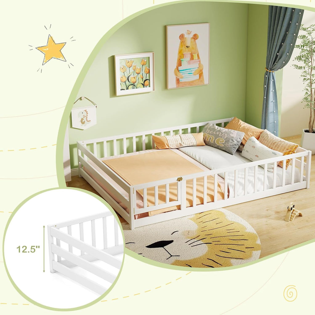 Full Size Wood Floor Bed with Door & Fence, Montessori Bed Frame with Full Length Safety Guardrails, Door & Latch