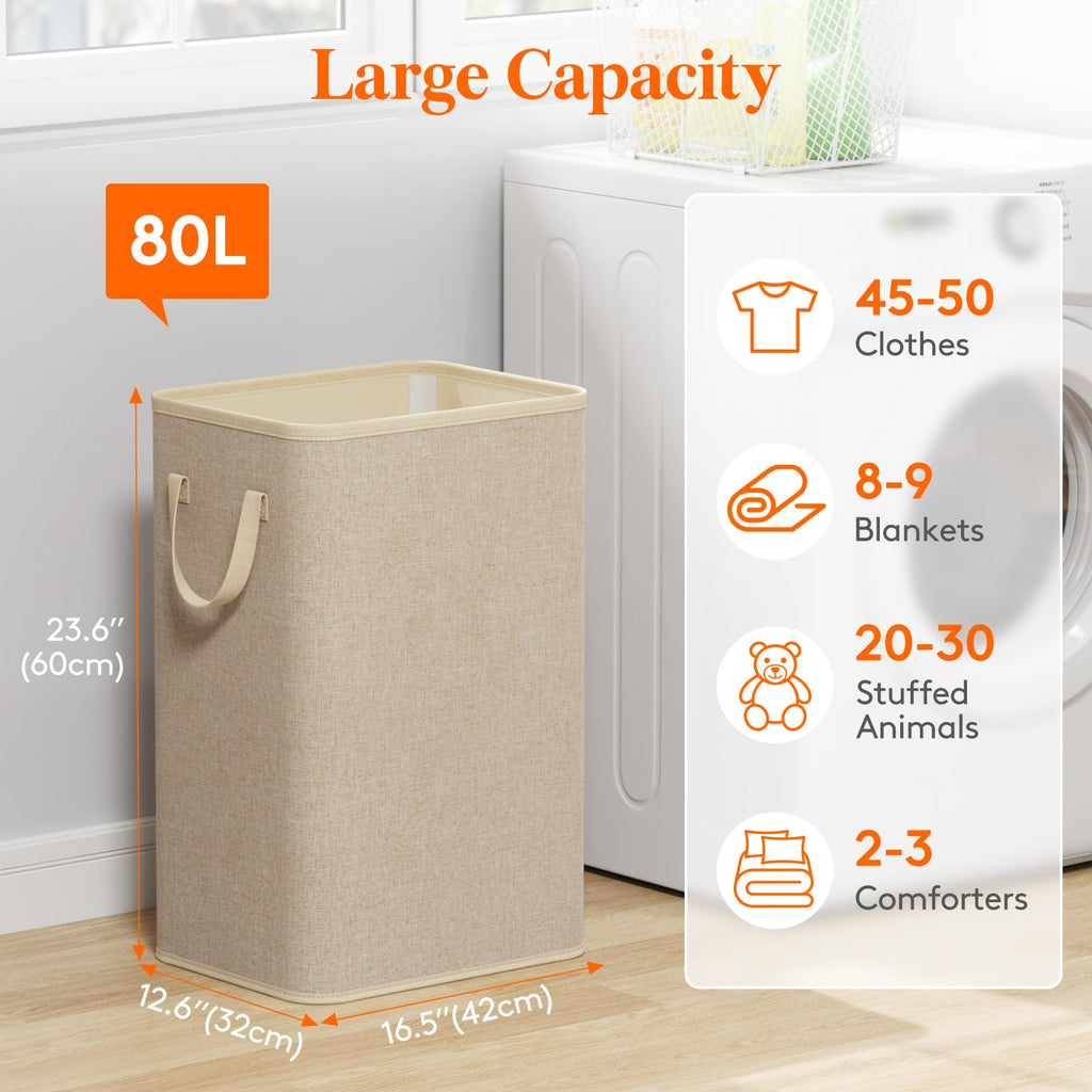 80L Large Laundry Basket with Handles, Beige
