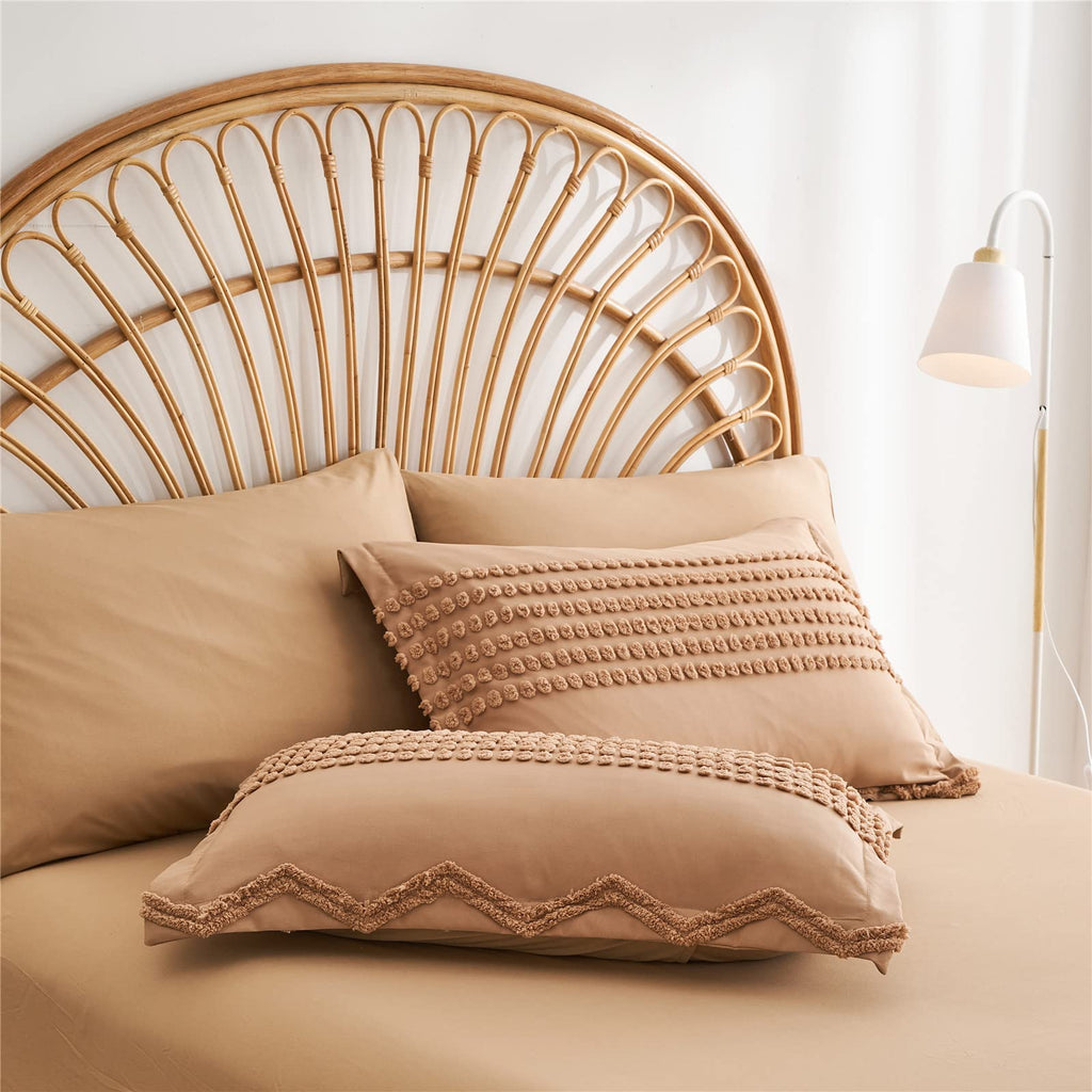 Tufted Boho Comforter Set, 7 Piece Bed in a Bag, Tan