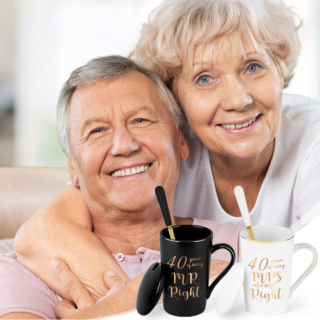 40th Wedding Gifts, 40 Years of Being Mr & Mrs Always Right Mug Set 14Oz with Lids Spoons and Gift Box, Christmas