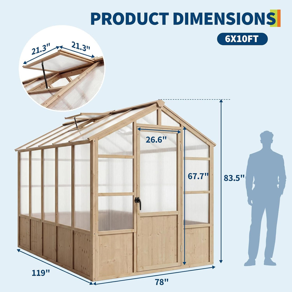 6'x10' Wooden Greenhouse for Outdoor, Large Walk-in Greenhouse Kit with Ventilated Window, Door & Polycarbonate