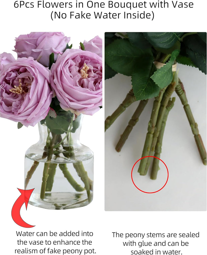 Purple Fake Peonies with Vase, Real Touch Peony Floral Arrangement Decor - Set of 6