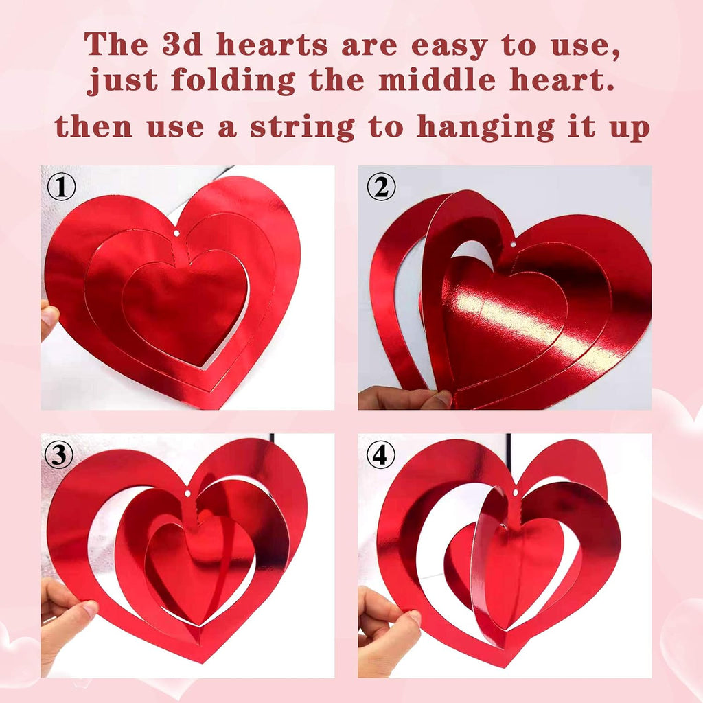 Valentine's Day Heart Hanging Foil Decorations, Swirl Red Hearts Ornaments, 3D Heart Garland Ornaments - Set of 32