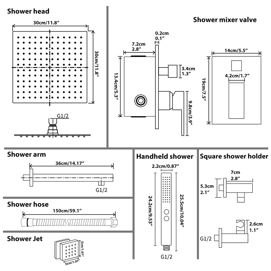 Rainfall Shower System with 4 Full Body Jet 4 Mode Shower Faucet Set