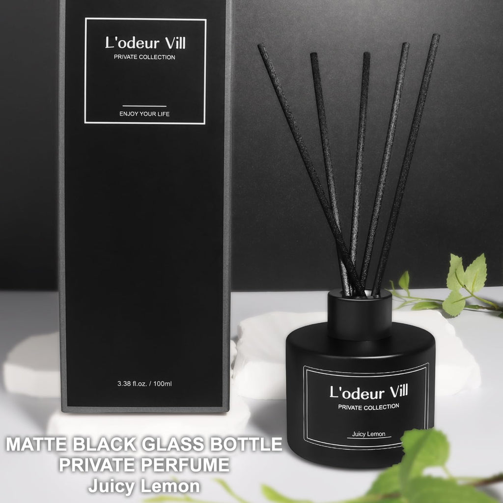 Vill Reed Diffuser, 3.4oz(100ml) Juicy Lemon Reed Diffuser Set with 6 Oil Diffuser Sticks, Matte Black Aroma Scent