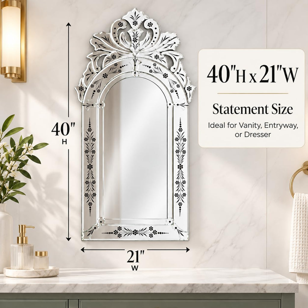 40" x 21" Arched Decorative Mirror Floral Etched Bathroom Vanity Mirror for Wall