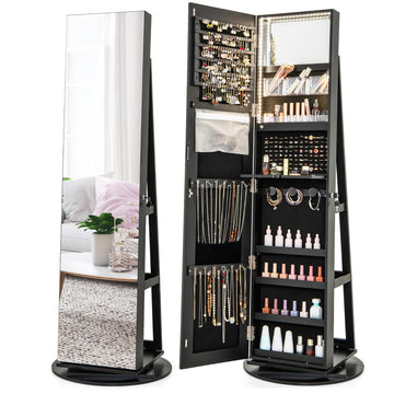 360° Rotating Mirror Jewelry Armoire, Freestanding Jewelry Organizer w/ 3-Color LED Lights, Full-length Mirror with