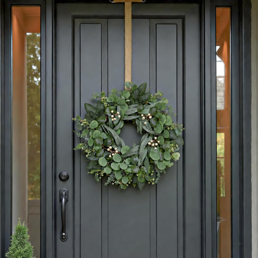24 Inch Eucalyptus Wreath for Front Door, Artificial Greenery Wreath with White Berries, Green Door Decor Outdoor