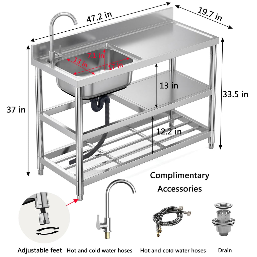 Free Standing Stainless-Steel Single Bowl Commercial Kitchen Sink w/Faucet