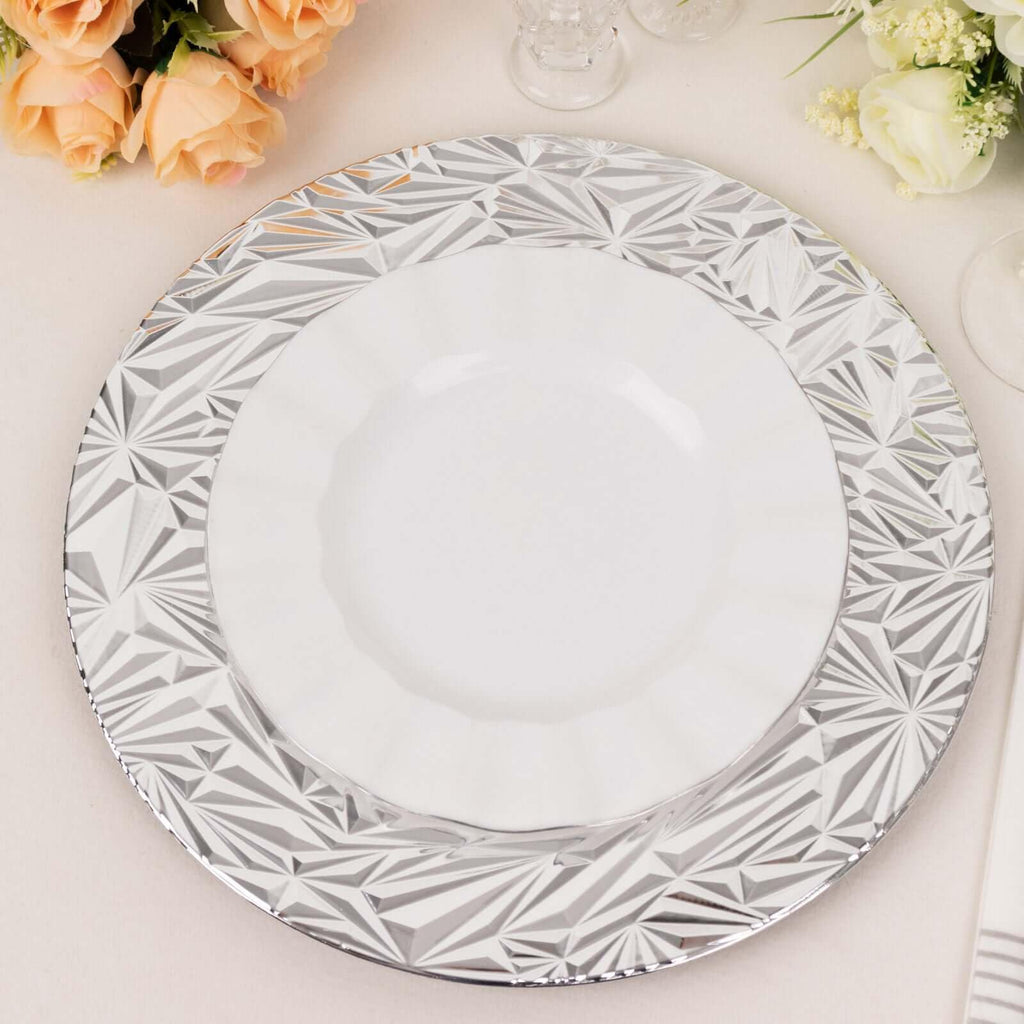 12-Pack Acrylic Charger Plates, Round 13" Metallic Silver Rock Cut Design with Beaded Rim - Decorative Dinner Serving