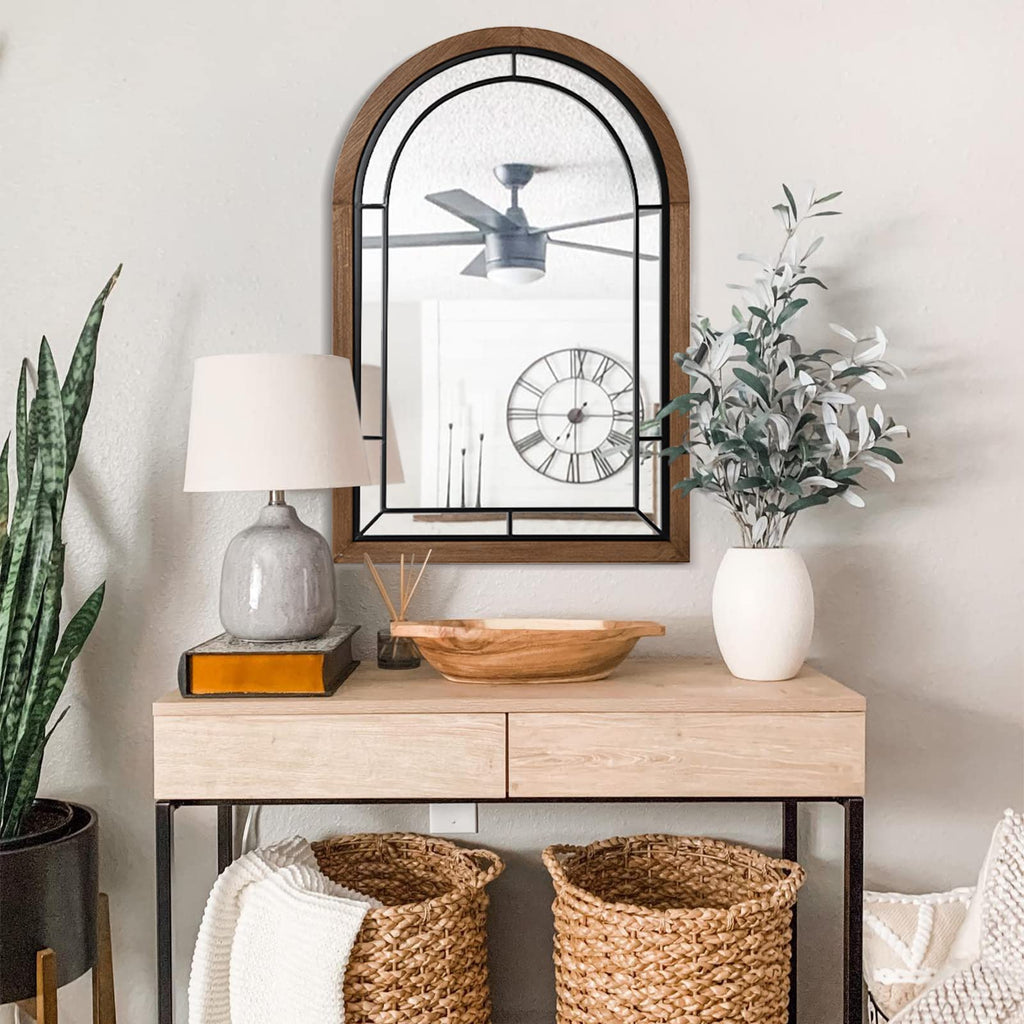 Arched Wall Mirror 36x24 Inch Rustic Wood Frame, Arch Brown
