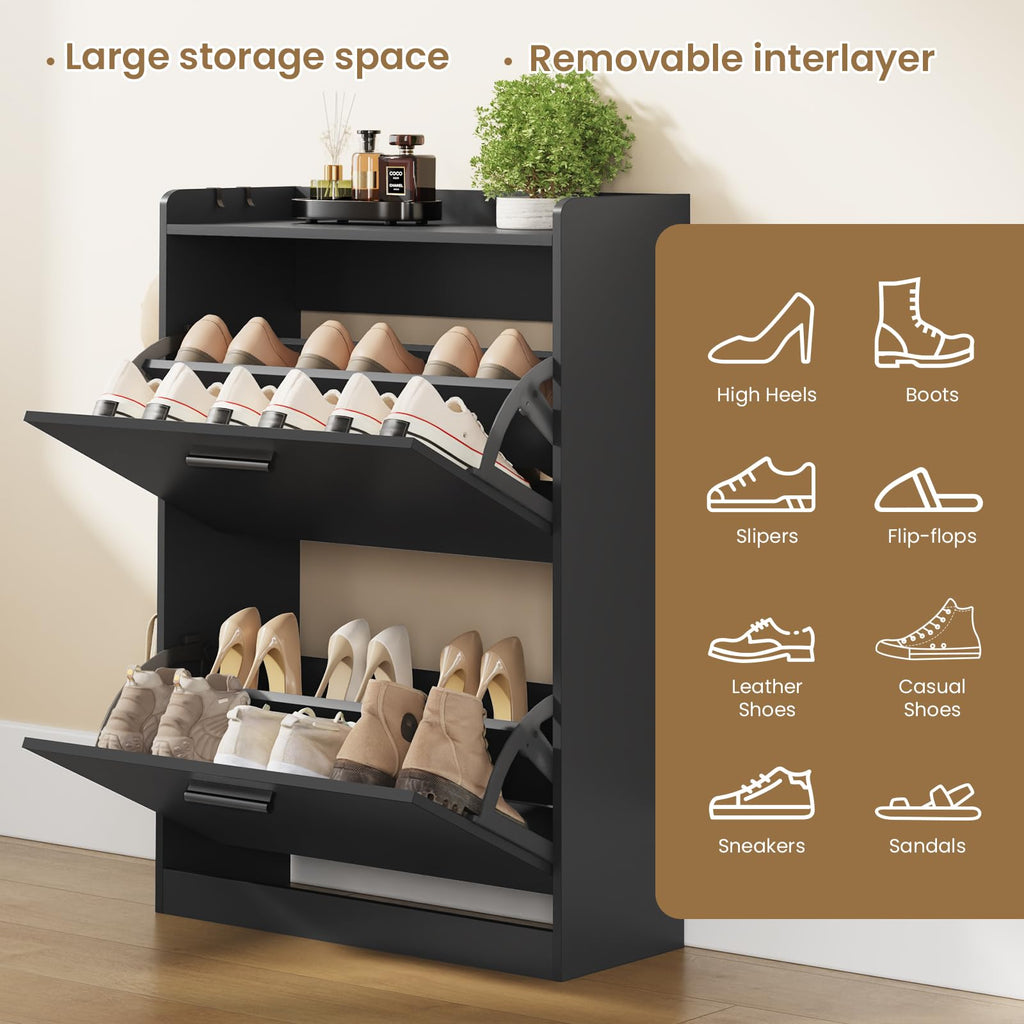 Shoe Cabinet Organizer with 2 Flip Drawers, Narrow Shoe Rack 23.6" W White
