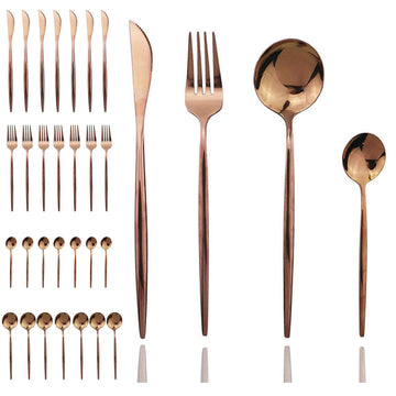 32 Pieces Stainless Steel Rose Cutlery Set Home Kitchen Silverware Set, Mirror Polished, Knife/Fork/Spoon, Modern