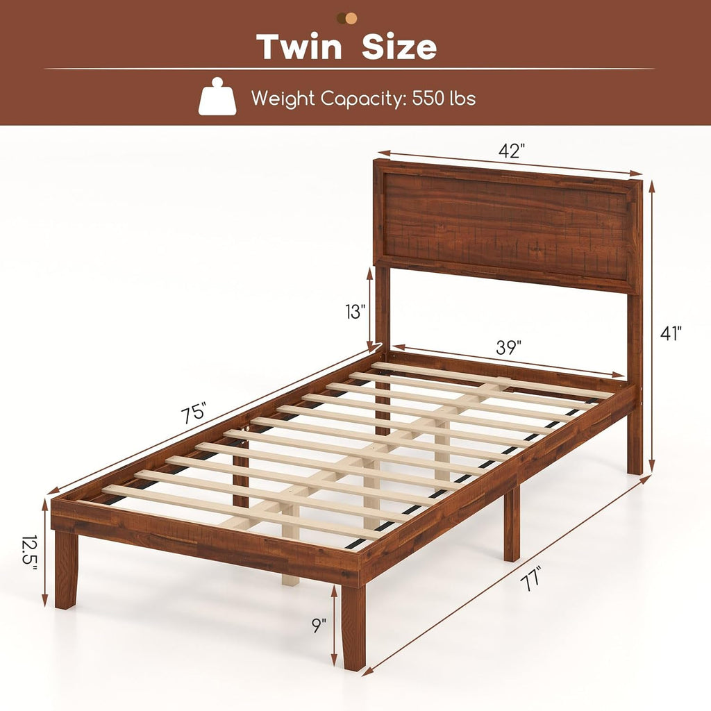 Queen Bed Frame, Mid-Century Modern Platform Bed with Headboard, Wooden Slat Support Mattress Foundation, Under-Bed