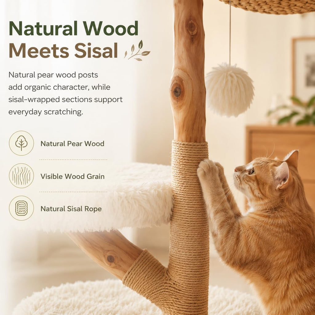 46.9-Inch Natural Wood Cat Tree with 2 Woven Baskets and Condo