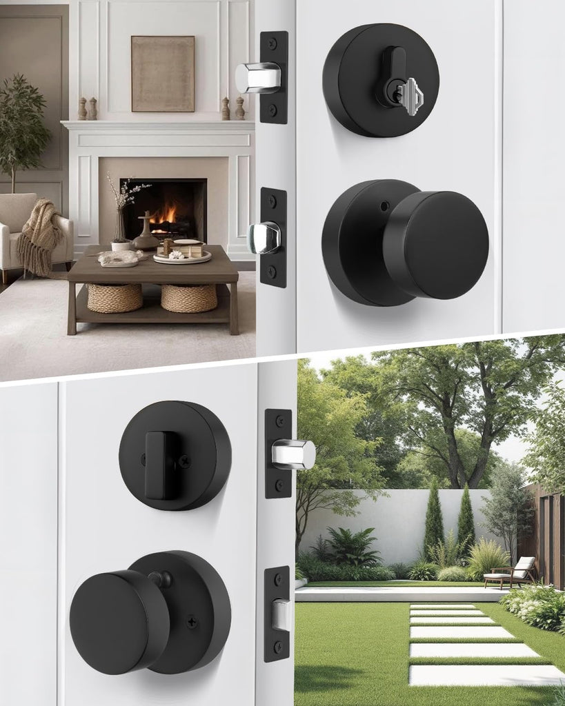 Matte Black Door Knobs with Deadbolt, Zinc-Alloy Matte Black Exterior Door Lock Set