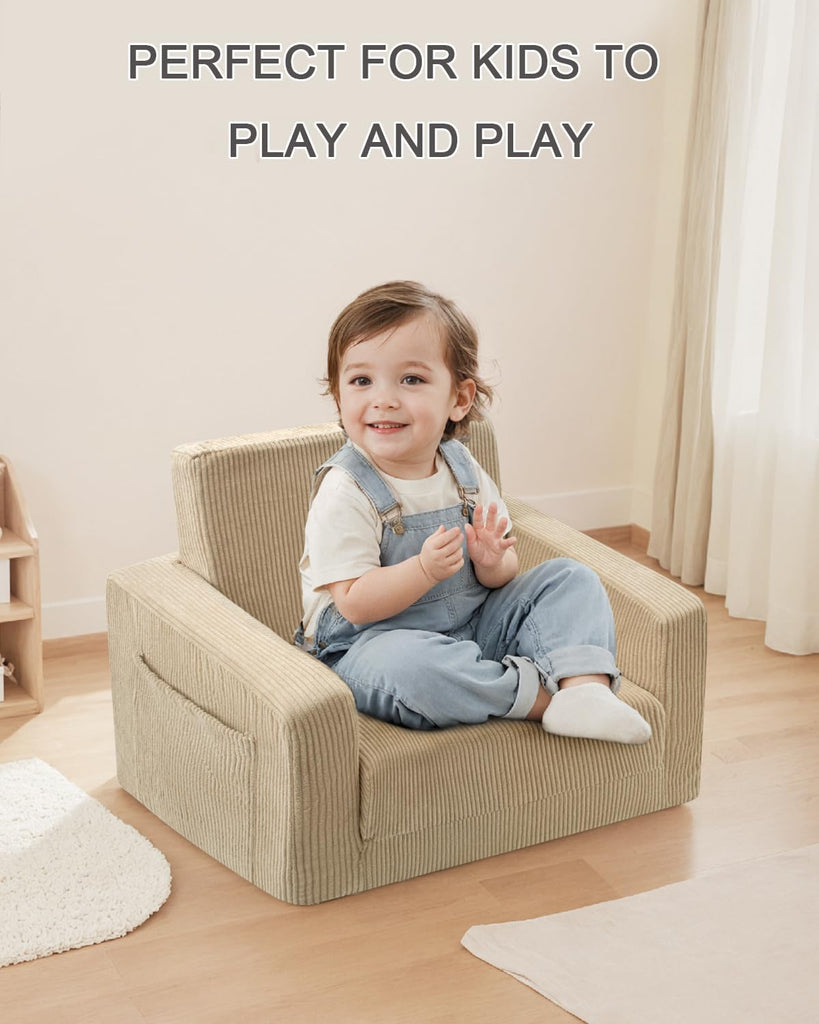 In-1 Kids Chair and Couch, Cozy Corduroy Kids Sofa, Beige