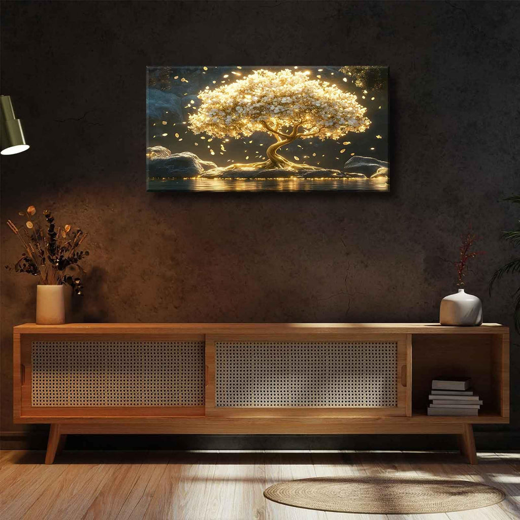 Large Tree of Life Canvas Wall Art Abstract Gold Tree Mountain Lake Decor painting Pictures Nordic Golden White