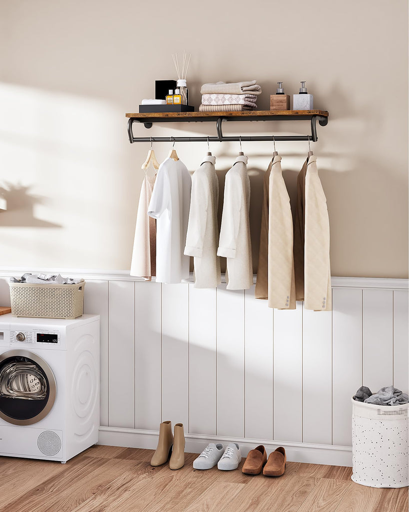 Wall Mounted Clothes Rack, Metal Garment Rack with Top Shelf, Laundry Storage Shelf with Hanging Rod, for Laundry