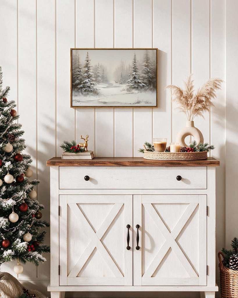 Vintage Snowy Pine Forest with Deer Canvas Wall Art 16x24 Framed