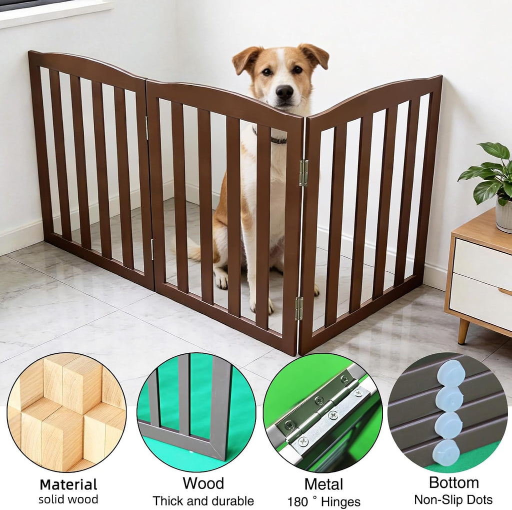 Freestanding Dog Gate Indoor, Doggie Gate Foldable Pet Gates for Doorways, Stairs or Hallways, Wooden Brown Pet Gate