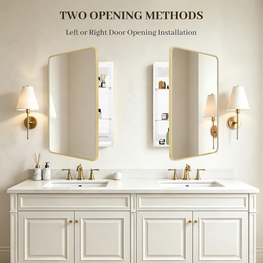 Bathroom Medicine Cabinet with Mirror, 24x36 Inch Gold Recessed Medicine Cabinet with Round Corner Aluminum Alloy