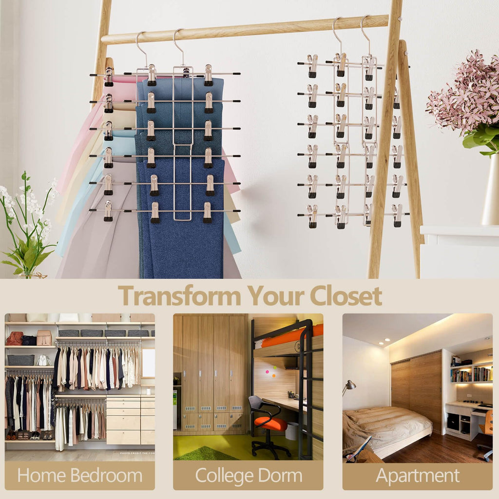 Pants Hangers with Clips, Space Saving Hanging Closet Organizer-6 Tiers Skirt Hangers with 360° Swivel Hook, Closet