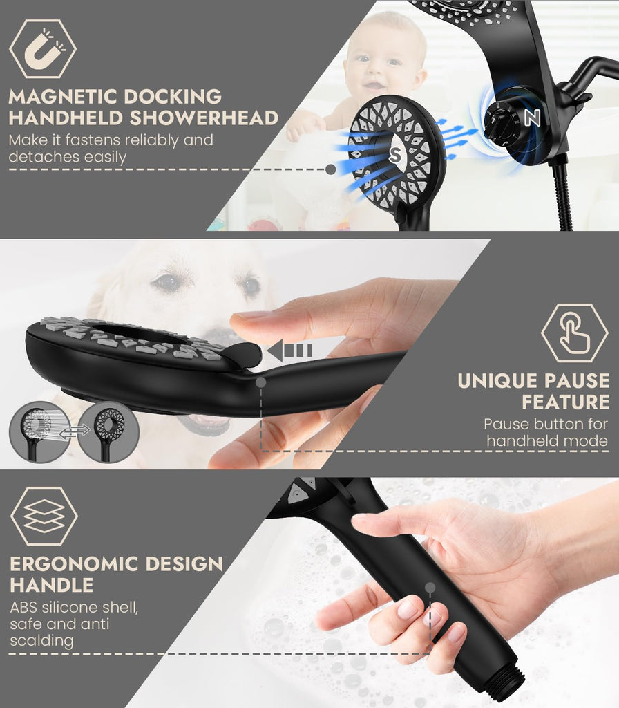 Rain Shower Head with Handheld, 13-Function High Pressure Dual Shower Head, 2-in-1 Magnetic Rainfall Showerhead Combo