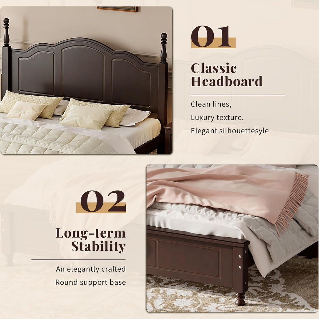 Dark Walnut Wood Bed Frame Queen Size with Wave Shaped Headboard